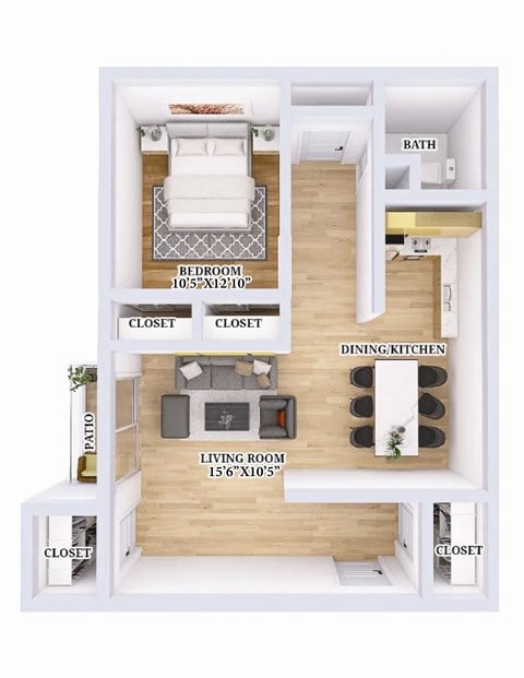 Floor plan for 1 bed, 1 bath, 650 sqft